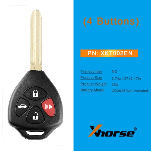 Xhorse XKTO02EN Wire Remote Key for Toyota Style Flat 4 Buttons 5pcs/lot